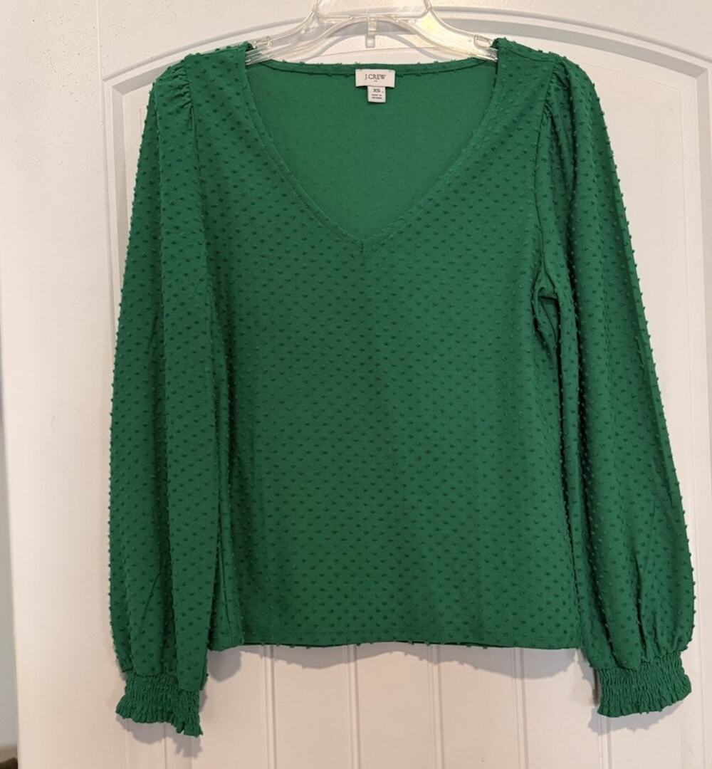 J. Crew Swiss Dot Chiffon Dotted V-Neck Blouse Top Green Womens XS NEW NWOT